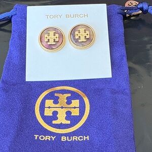 Tory Burch Gold-Tone Logo Button Earrings with Purple Inlay